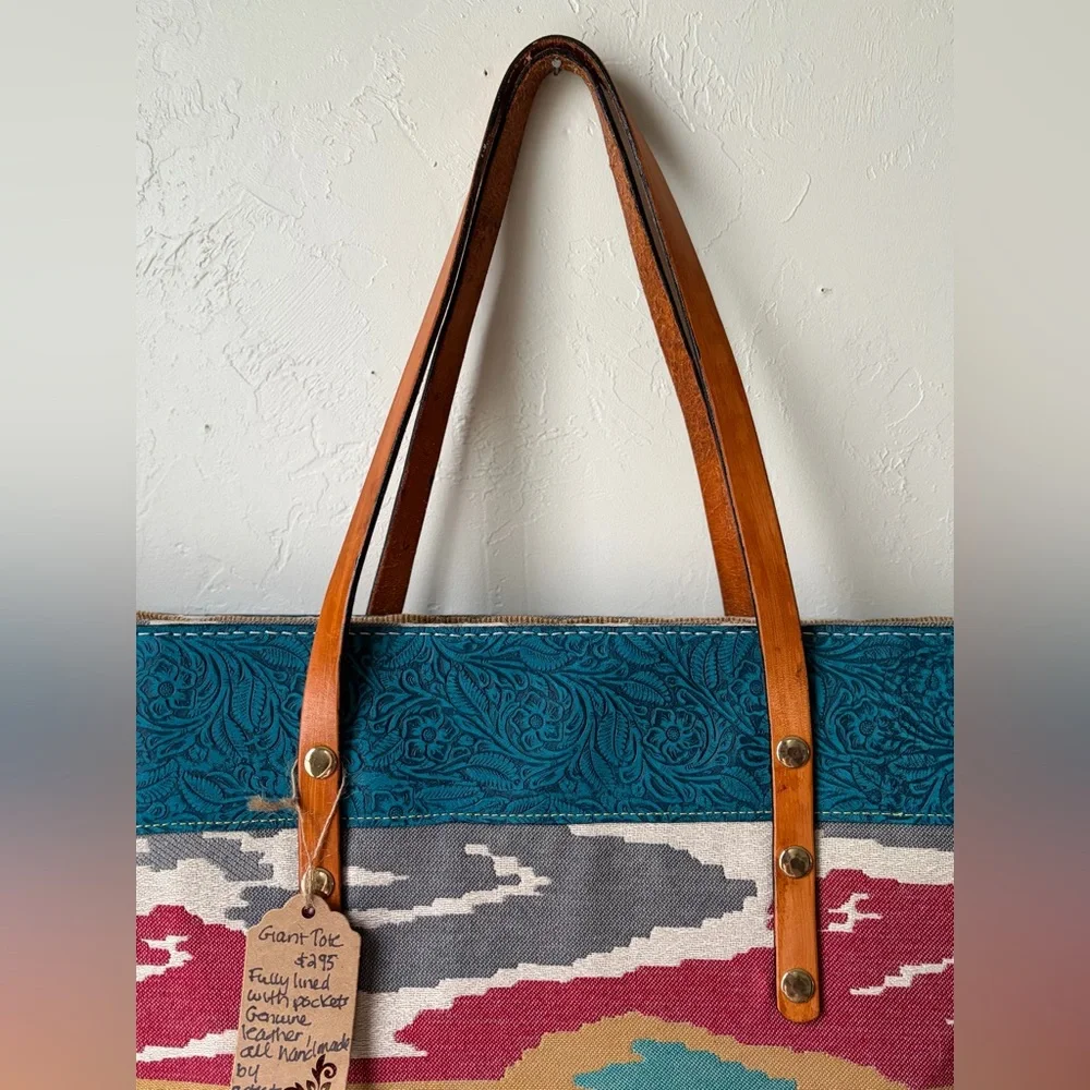 Handmade Leather Fringe Tote Southwestern Ikat Boho Oversized Bag - Picture 7 of 12
